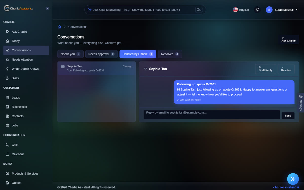 One inbox — Charlie’s follow-up threaded and handled